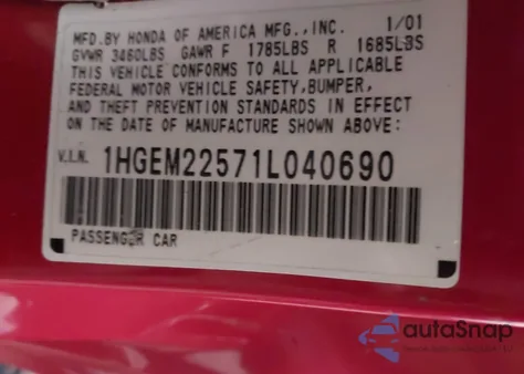 2001 Honda Civic Lx from USA, damaged, VIN 1HGEM22571L040690